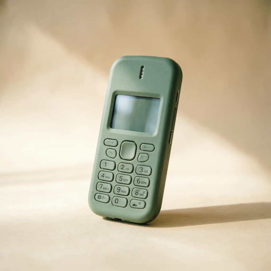 Celular básico verde com teclado físico apoiado sobre um fundo creme, transmitindo simplicidade