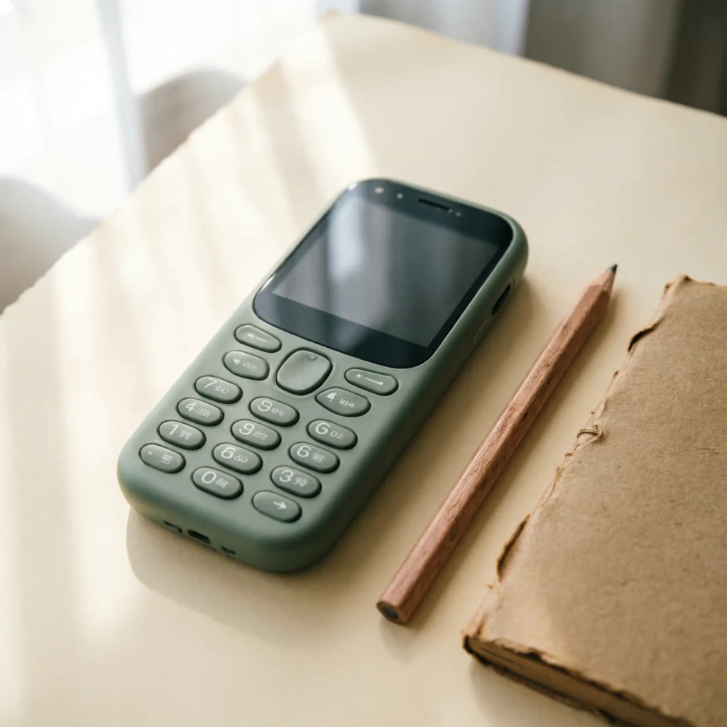 Celular básico com teclado físico sobre uma mesa clara, ao lado de um caderno de papel kraft e um lápis de madeira